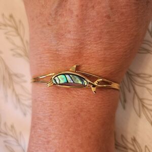 Vintage Art Deco Style Yellow Gold Tone Abalone Dolphin Cuff Bracelet
